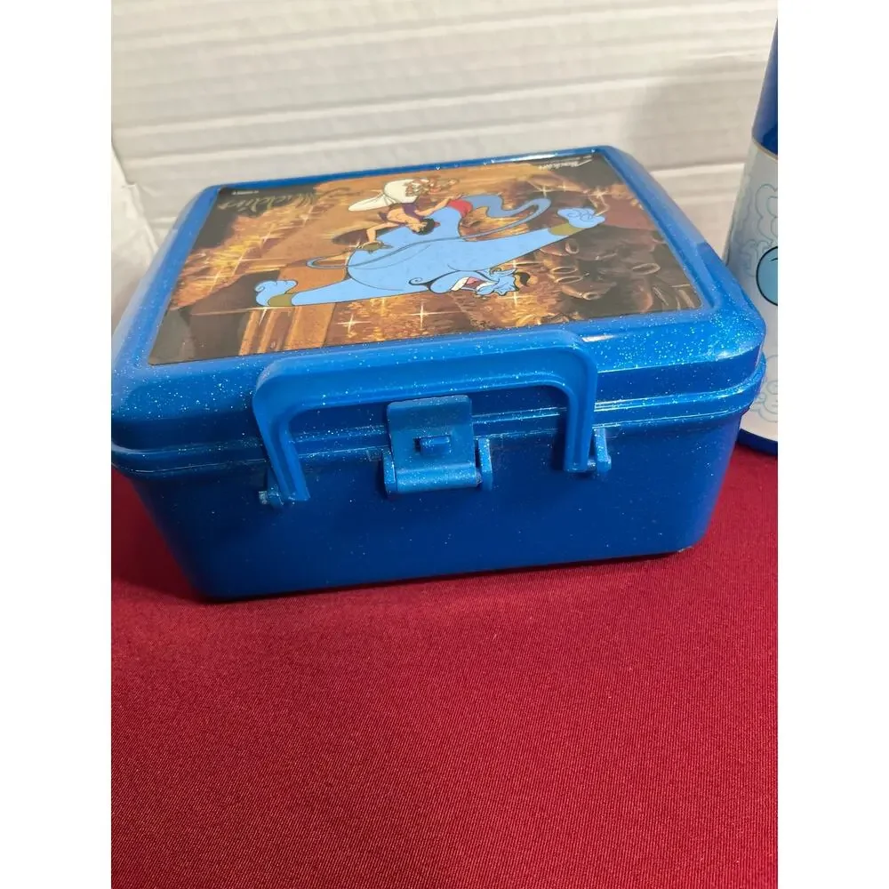 Vint 1993 Disney Aladdin Plastic Lunchbox with Matching Thermos Set Glitter Blue